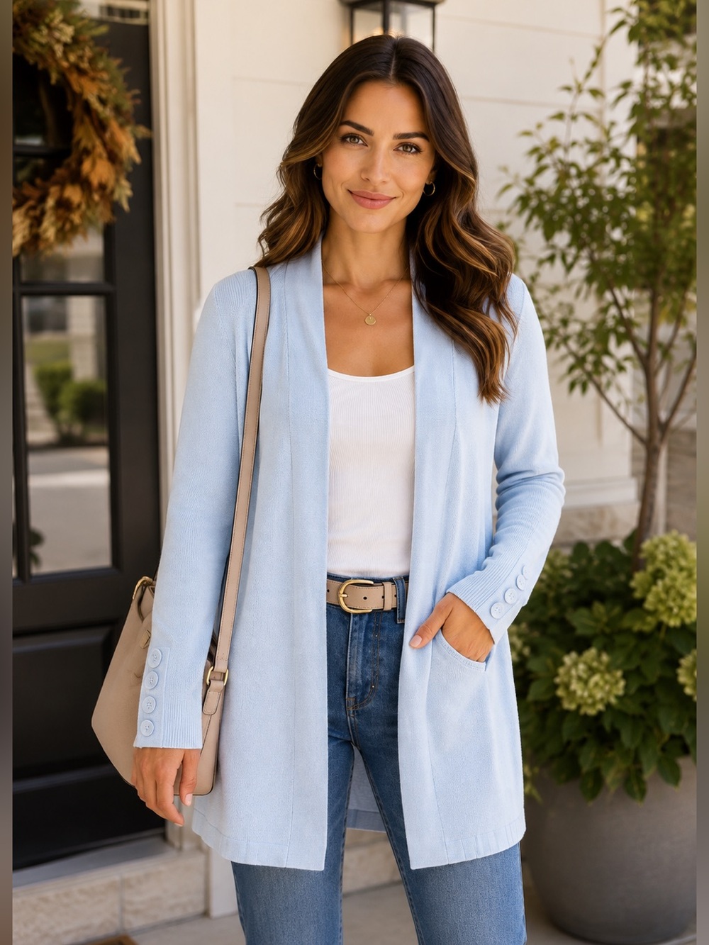 Cyrus Light Blue Longline Open Front Cardigan Duster Button Cuff Large
